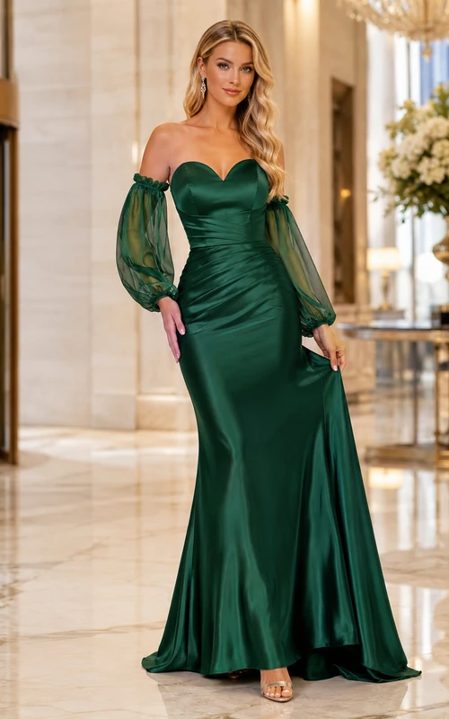 Dark Green Off Shoulder Detachable Sleeve Satin Evening Dress