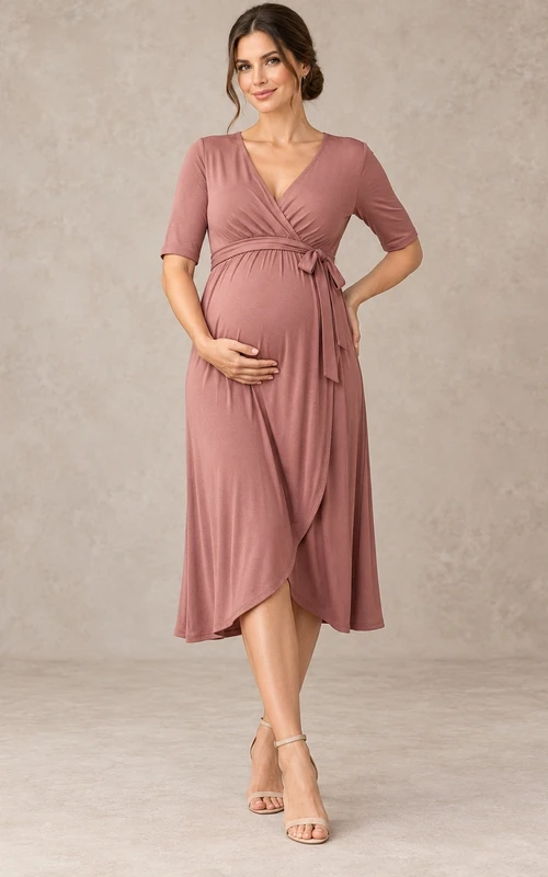Robe midi de maternité rose poudré portefeuille à col V et manches courtes en jersey