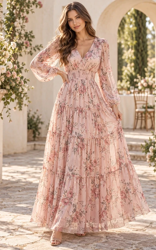 Vestido de invitada de boda de gasa rosa empolvado con mangas largas y estampado floral estilo bohemio, color rosa rubor, con volantes y diseño escalonado.