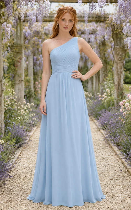 Sky Blue Formal Garden A-Line Chiffon Bridesmaid Dress with Sleeveless One-Shoulder Bodice, Pleated Floor-Length Skirt and Low V Back
