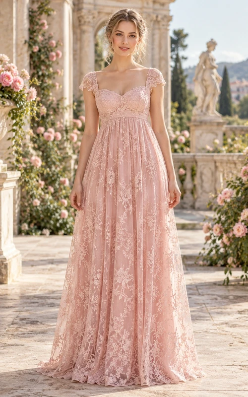 Robe de soirée Regency Blush à manches courtes et décolleté en cœur, style empire, en dentelle florale