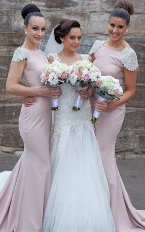 Modern Jewel Cap Sleeve Mermaid Bridesmaid Dress With Beadings