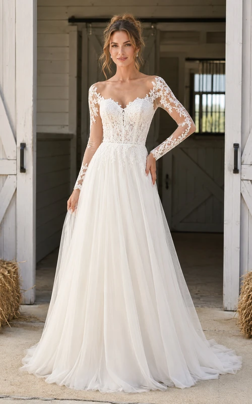 Robe de mariée champêtre romantique western à décolleté cœur, manches illusion longues, en dentelle et tulle, coupe trapèze, longueur au sol