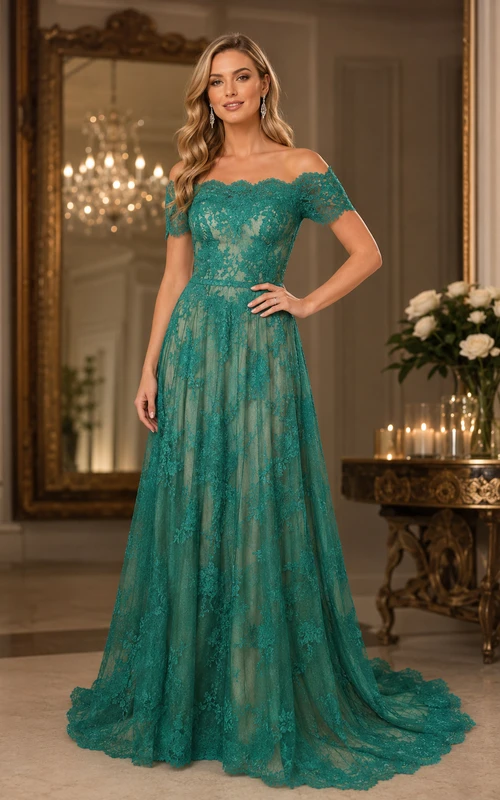 Robe longue en dentelle à épaules dénudées et épaules festonnées, manches courtes
