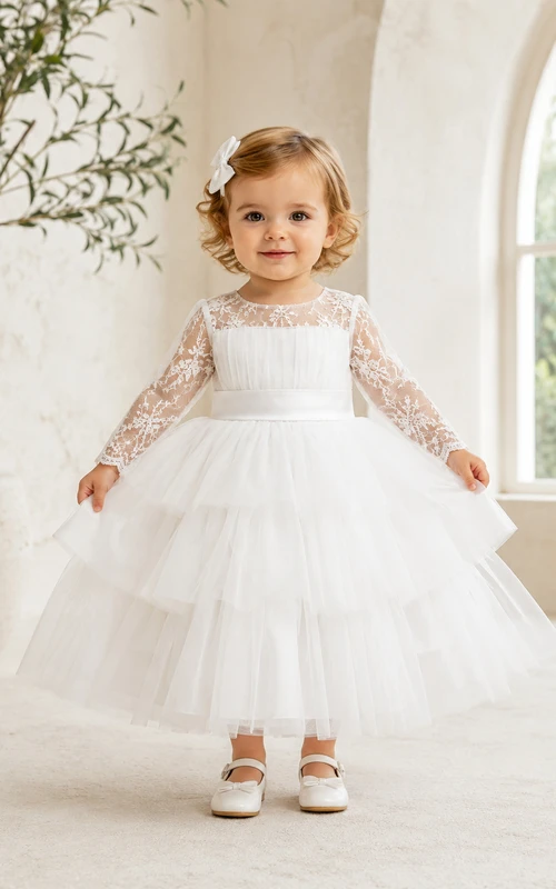 Layered Tulle Baby Baptism A-Line Long Lace Sleeve Tea-Length Dress Modest