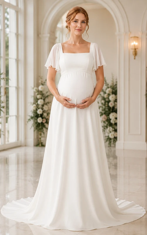 Robe de mariée en mousseline de plage, col empire carré, manches courtes, longueur au sol