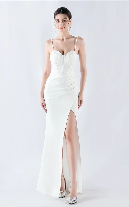 Fishbone Waist Strap Satin Host Meeting Evening Dress