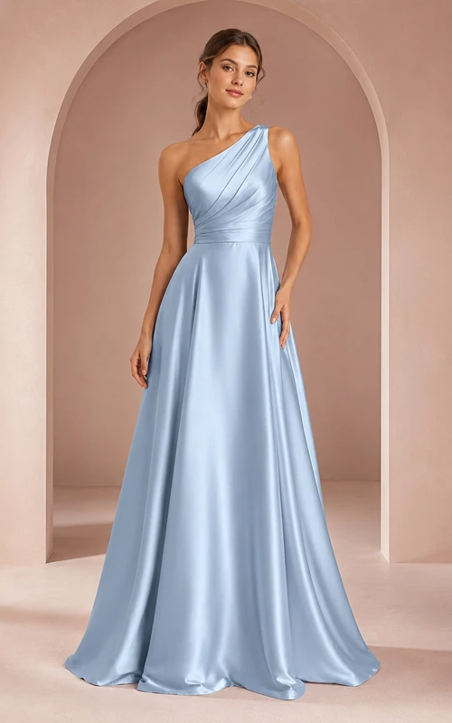 Hellblaues Satin-Abendkleid mit One-Shoulder-Ausschnitt, A-Linie und Drapierung