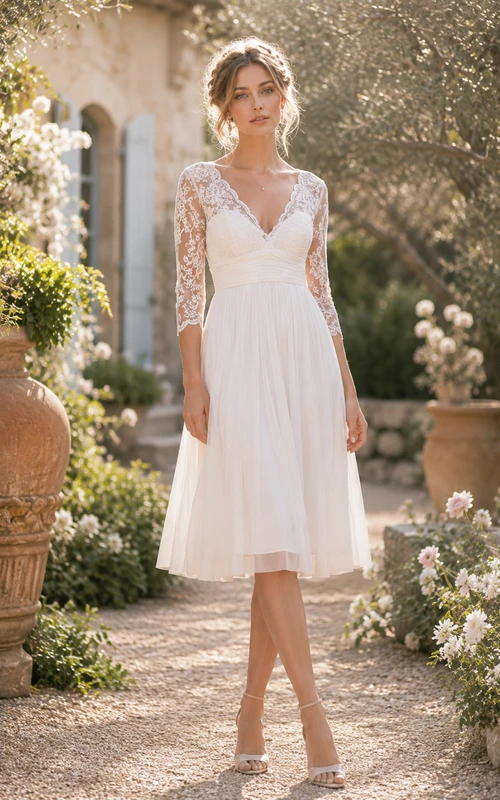 Robe de mariée ivoire en dentelle, col en V, manches longues, longueur thé