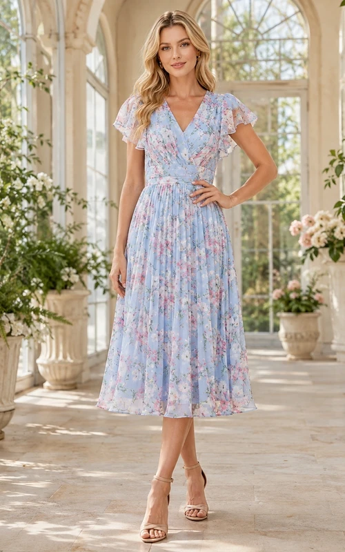 Teelanges hellblaues Kleid mit Blumenmuster, V-Ausschnitt, flatternden Ärmeln und A-Linien-Schnitt