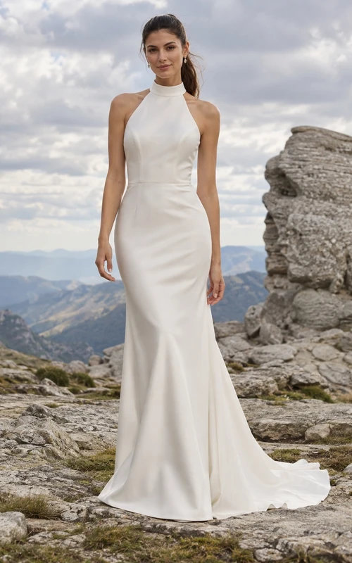 Vestido de novia sencillo de cuello alto, escote halter, sin mangas, de satén, con corpiño liso y cola.