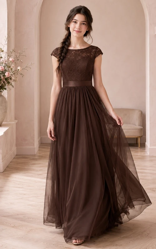 Braunes Brautjungfernkleid im A-Linien-Stil mit Strasssteinen, kurzen Ärmeln und romantischer Spitze