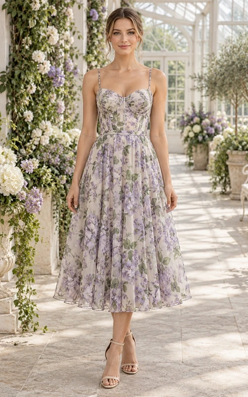 Vestido de verano de corte A con escote corazón y tirantes finos, estampado floral lavanda y largo midi.