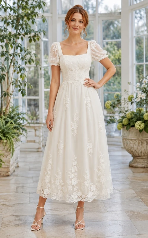 Bohemian Square Neck Puff Sleeve Floral Lace A-Line Tea-length Civil Bridal Dress