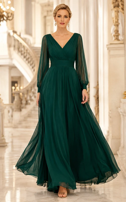 Dunkelgrünes, plissiertes Chiffon-Opernkleid mit V-Ausschnitt, langen Illusionsärmeln und Schleppe, A-Linien-Schnitt und Schleppe