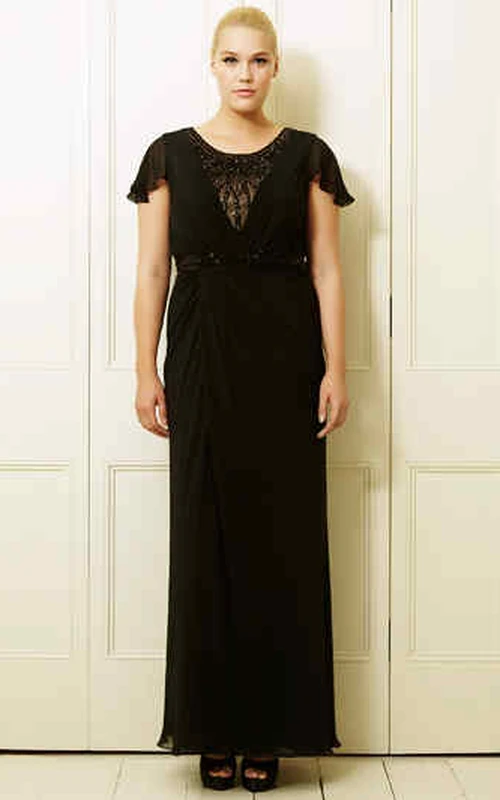 Ankle-Length Beaded Poet-Sleeve Scoop-Neck Chiffon Plus Size Prom Dress With Draping