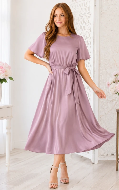 Einfaches, kurzärmeliges, lässiges Kleid mit Rundhalsausschnitt und Teelänge in A-Linie
