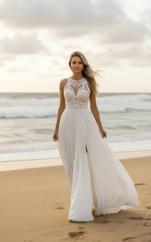Vestido de novia de playa de encaje transparente con escote redondo y abertura.