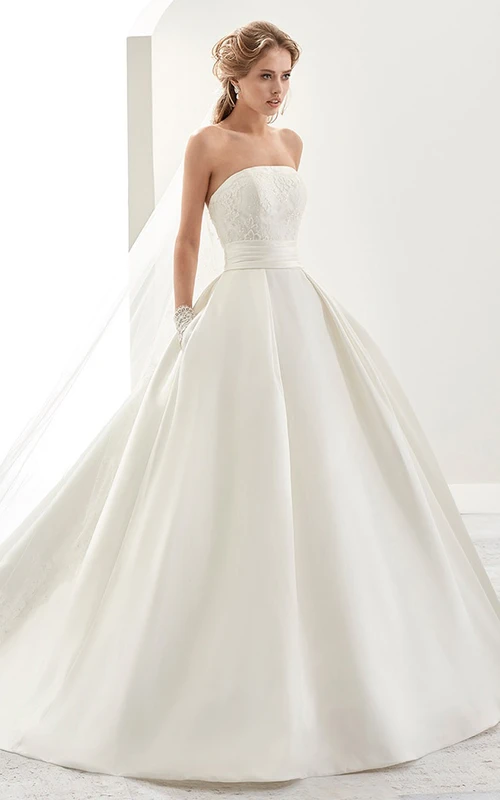 Strapless Brush-Train A-Line Satin Wedding Dress With Cinched Waistband And Open Back
