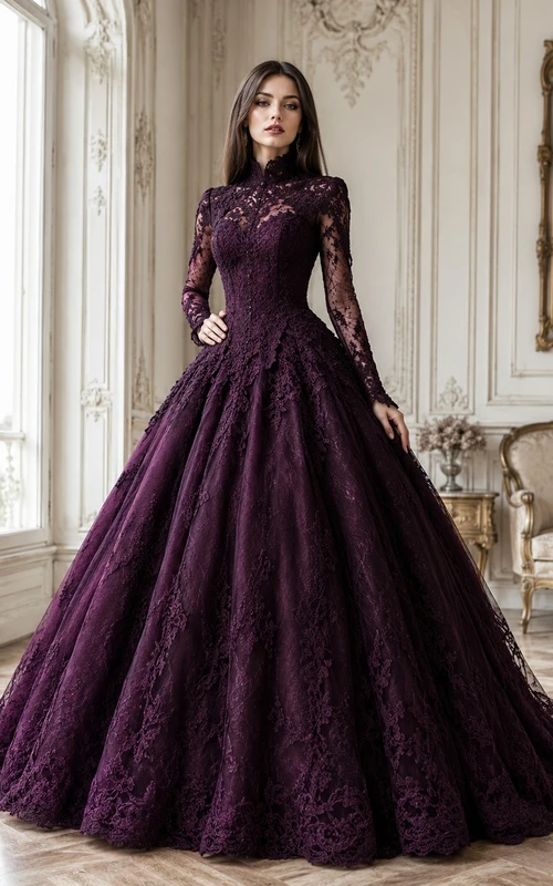 Plum High-Neck Long-Sleeve Lace-Tulle Ball Gown Floor-Length Gothic Dress