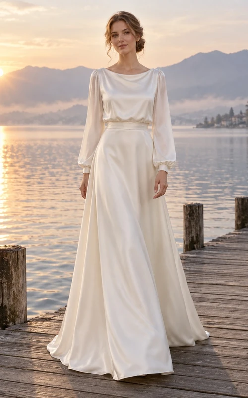 Vestido de novia sencillo de satén con cuello drapeado y mangas largas, corte en A