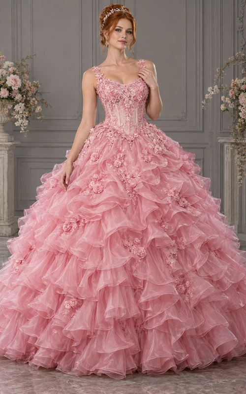 Vestido de novia de gala color rosa empolvado con escote redondo y tirantes florales, adornado con cascadas de organza cubiertas de rosas.