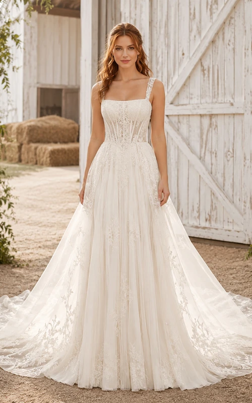 Robe de mariée champêtre en dentelle et tulle, coupe trapèze, col carré, sans manches, traîne chapelle