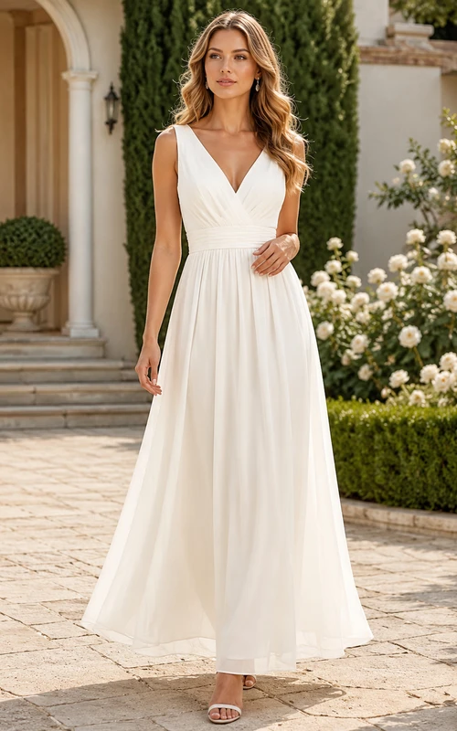 Robe de mariée romantique en mousseline de soie, col V, sans manches, coupe trapèze, longueur cheville, style simple