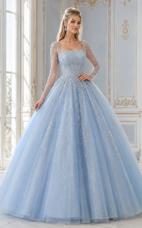 Vestido de princesa de quinceañera azul cielo con escote cuadrado modesto, mangas largas ilusión y brillo.