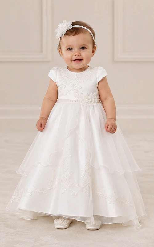 Baby Christening Gown Modest Princess Ball Gown Cap Sleeve Tulle Lace Floor-Length with Bow Sash in White