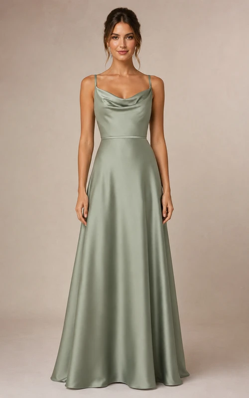 Vestido de dama de honor de satén con escote drapeado y corte en A, color verde salvia.