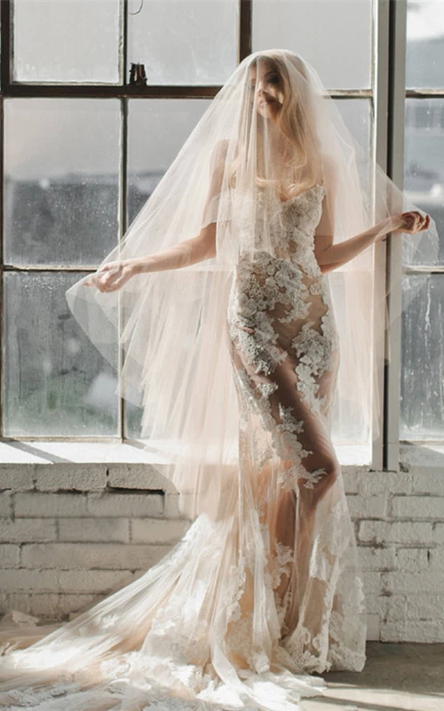 Voile de mariée en tulle simple couleur champagne