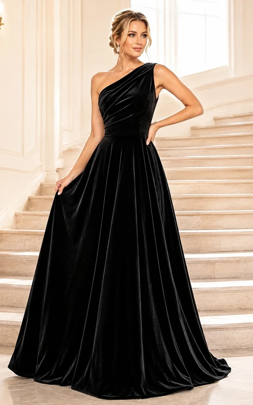 Black Velvet One Shoulder Sleeveless Draped A-Line Floor Length Sweep Train Formal Gown