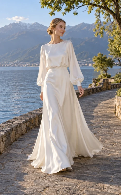 Vestido de novia sencillo y modesto de satén con mangas largas y cuello alto, corte en A