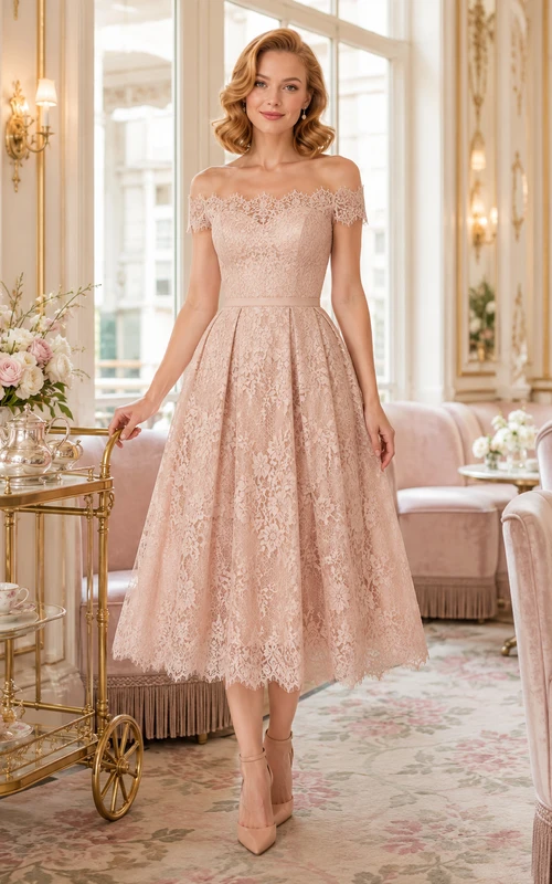 Blushing Pink Bridal Luncheon Cap Sleeve Lace Tea Length A Line Dress