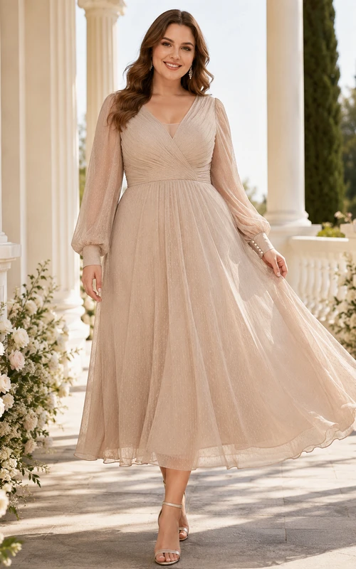 Vestido de fiesta modesto de talla grande color topo con escote en V, manga larga y falda de gasa.