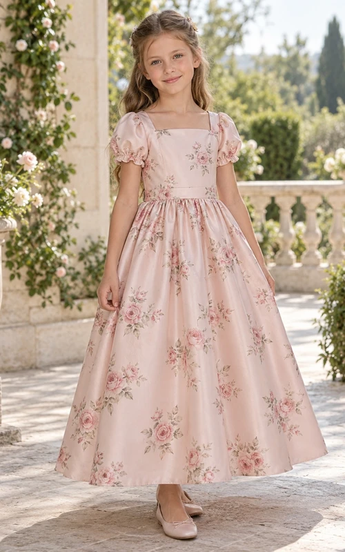 Square Neck Blush Floral Puff Sleeve Gathered Satin A-line Flower Girl Dress