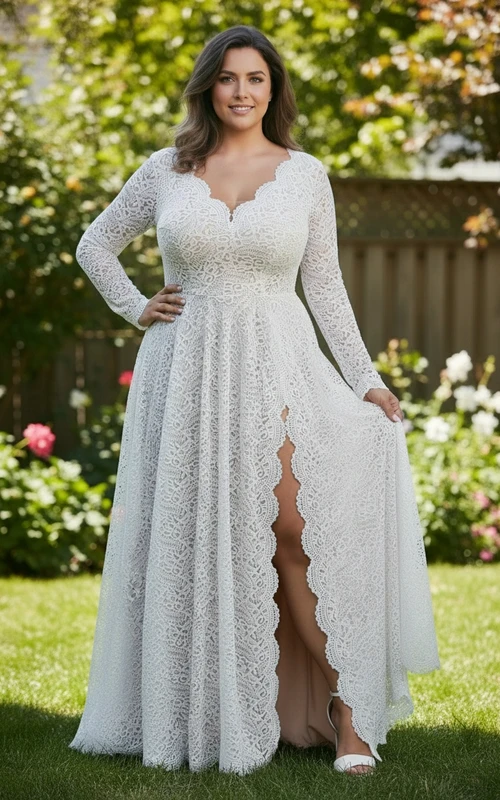 Plus-Size-Hochzeitskleid aus Vollspitze mit langen Ärmeln und hohem Schlitz
