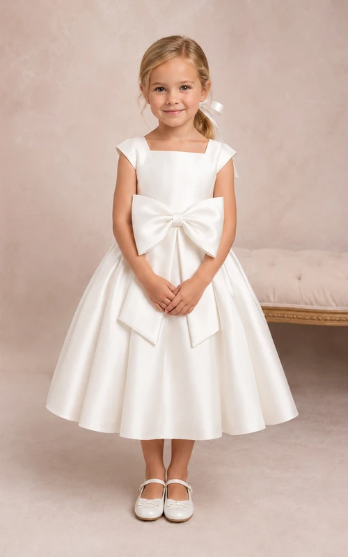 Flower Girl Dress Ivory Satin A-Line Jewel Neck Tea Length Bow Detail