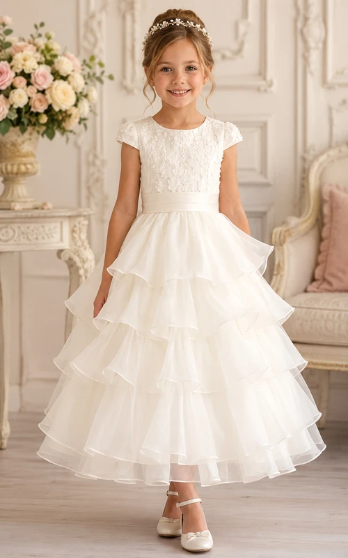Elfenbeinfarbenes, teelanges A-Linien-Kleid aus Tüll für Blumenmädchen mit Rüschen und Schleifenschärpe