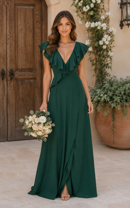 Vestido de gasa de corte A con escote en V y volantes verde oscuro