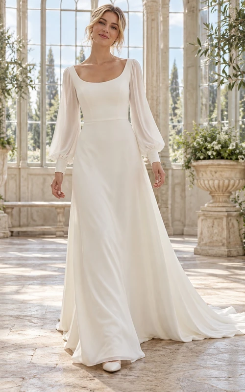 Simple Scoop Neck Long Poet Sleeve Chiffon A-Line Wedding Dress