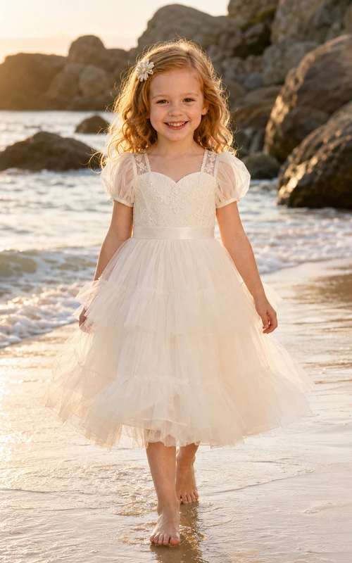 Blumenmädchenkleid aus elfenbeinfarbenem Chiffon und Tüll, A-Linie, Rundhalsausschnitt, Teelänge, mit Schärpendetails