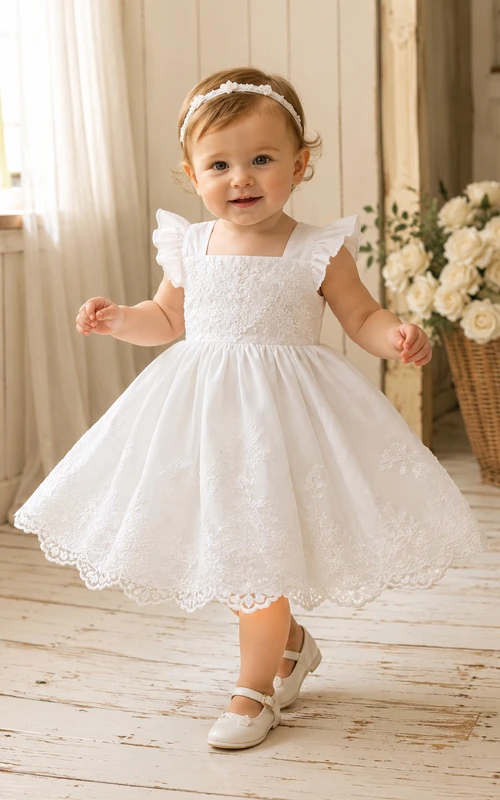 Square Neck Baptism Dress A-Line Tulle Lace Short Sleeve Scalloped Hem