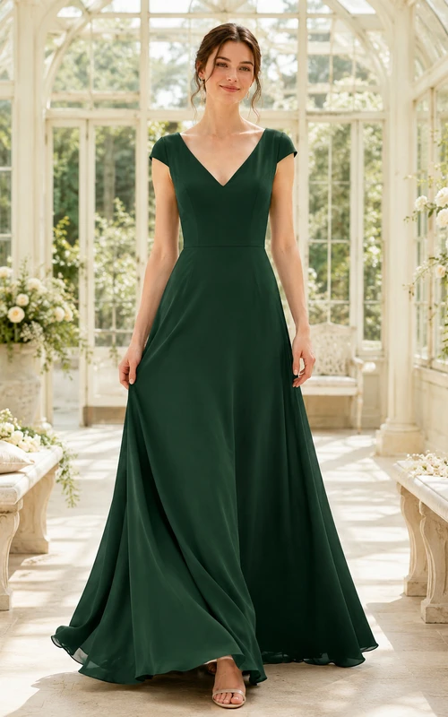 Vestido de novia sencillo de satén verde oscuro con corte en A, escote en V y mangas cortas, ideal para bodas al aire libre.