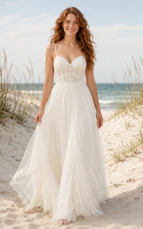 Robe de mariée en dentelle et tulle, coupe trapèze, col rond, manches courtes, traîne courte