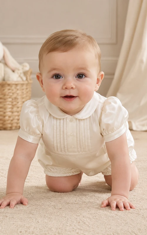 Pelele de bebé de encaje color marfil con mangas abullonadas y pliegues, ideal para bautizo de niño.