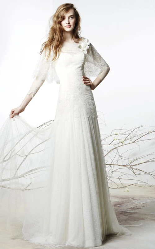Etuikleid, bodenlang, U-Boot-Ausschnitt, florales Muster, lange Ärmel, Tüll, Brautkleid mit Illusionsrücken und Spitze