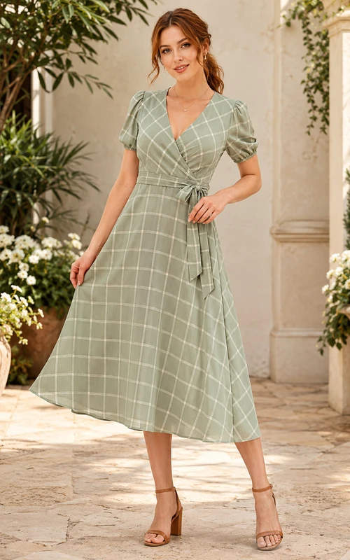 Vestido midi cruzado con escote en V y mangas abullonadas, estampado de cuadros en color verde salvia