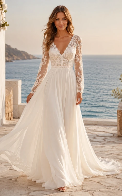Bohemian V-neck Long Sleeve Sweep Train Lace Chiffon A-line Bridal Dress